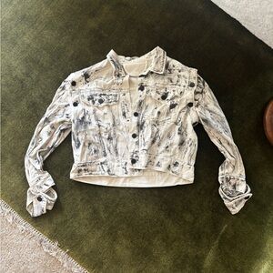 White & Black Acid-Wash Cropped Denim Oversized Jacket - Women